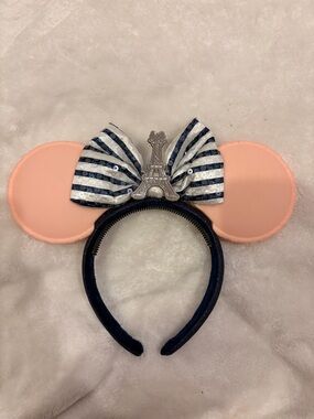 Disney Pink Ear Headband with Navy Striped Bow and Eiffel Tower Accent